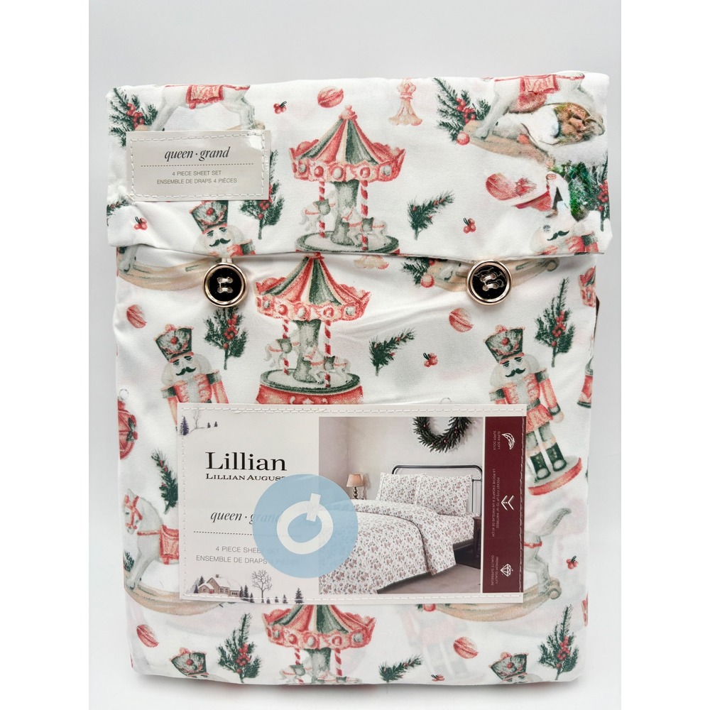 Lillian August Queen Grand 4 Piece Sheet Set Nutcracker Carousel Holiday Print